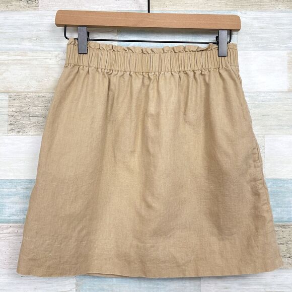 J Crew Linen Blend Sidewalk Mini Skirt Tan Elastic Waist Pull On Casual Womens 0 - Picture 3 of 7
